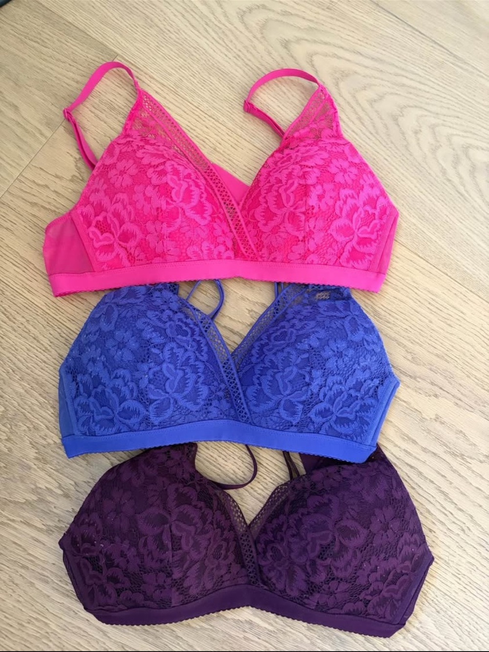 knix Lace Bralette Trio in Hot Pink, Royal Blue & Deep Purple